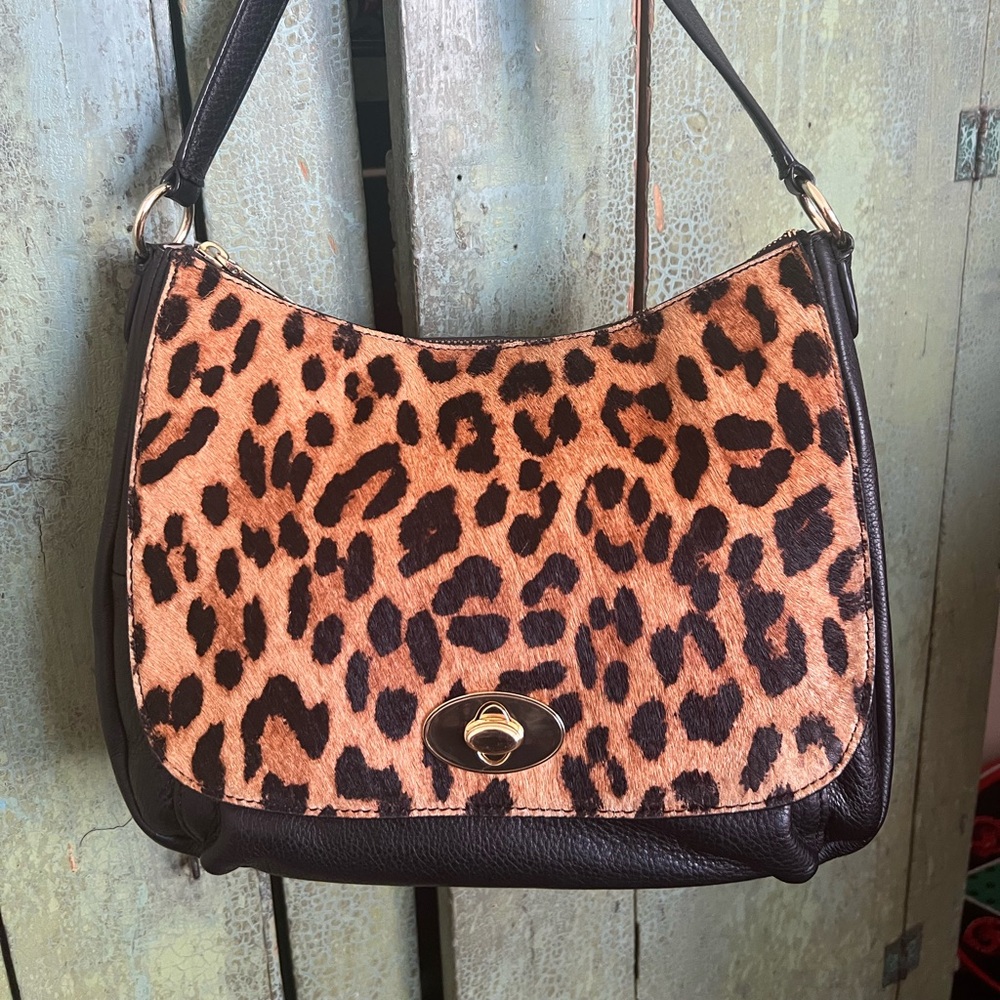 Talbots Black Leather Shoulder Bag with Faux Leopard Fur